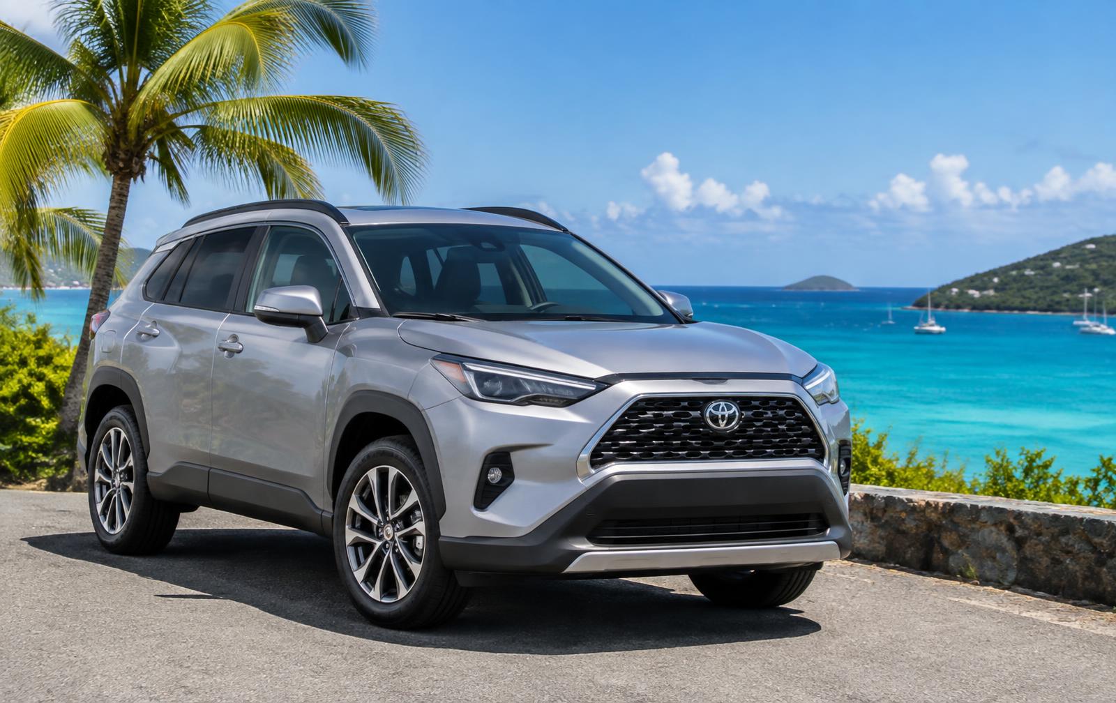 Silver SUV parked on a coastal road in the Cayman Islands